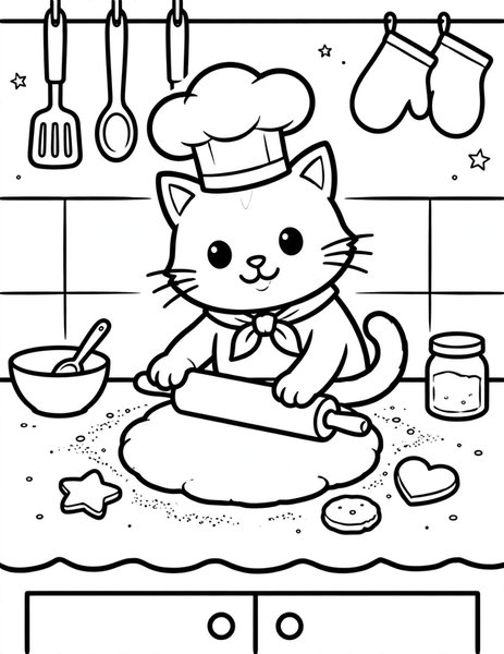 Baker Cat coloring page: A cat bakes cookies in a kitchen.