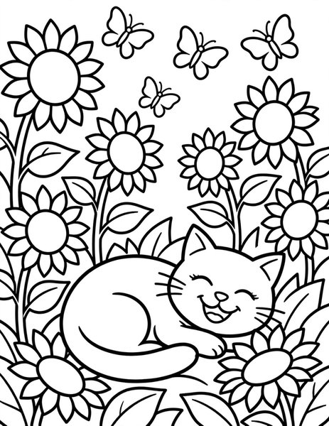 Garden Cat coloring page: A cat naps among sunflowers.