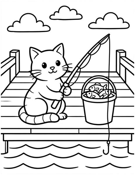 Fisherman Cat coloring page: A cat fishes from a dock.