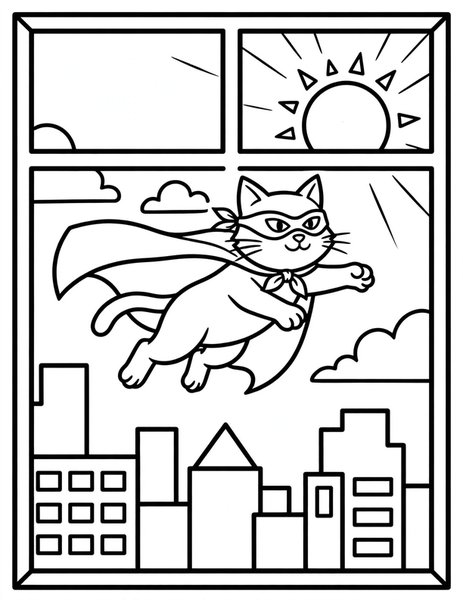 Super Cat coloring page: A caped cat flies over the city.