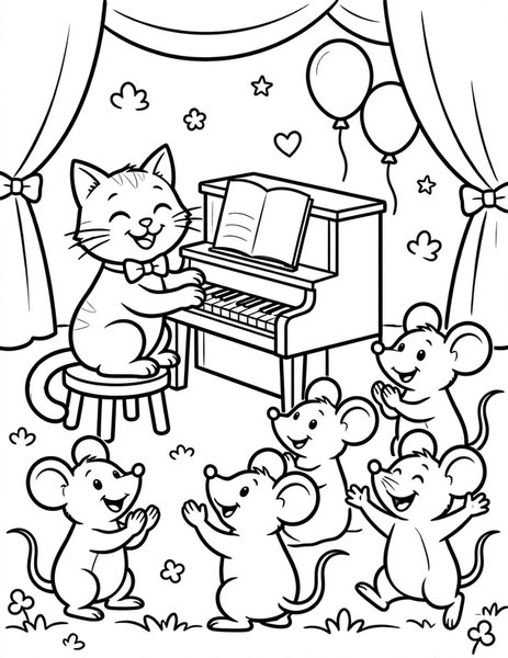 Music Cat coloring page: A cat plays a tiny piano.