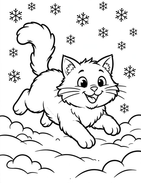 Snow Cat coloring page: A fluffy cat plays in fresh snow.