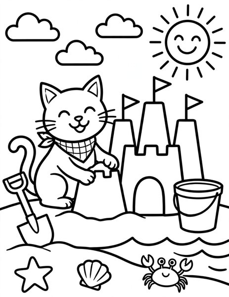 Beach Cat coloring page: A cat builds a sandcastle.