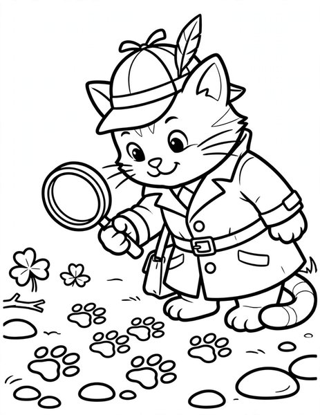 Detective Cat coloring page: A cat detective hunts for clues.