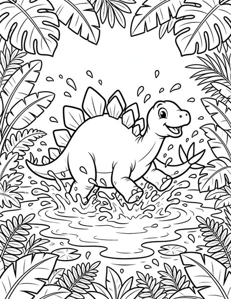 Stegosaurus Splash coloring page: A stegosaurus splashes happily through a jungle puddle.