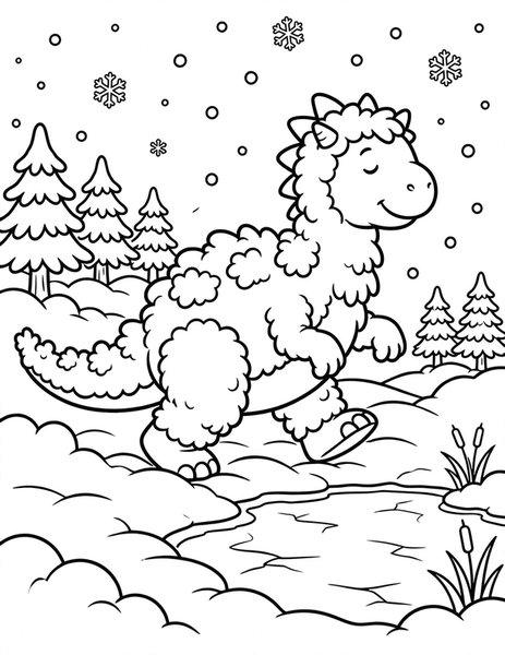 Snowy Stomper coloring page: A woolly dinosaur trudges through fresh falling snow.