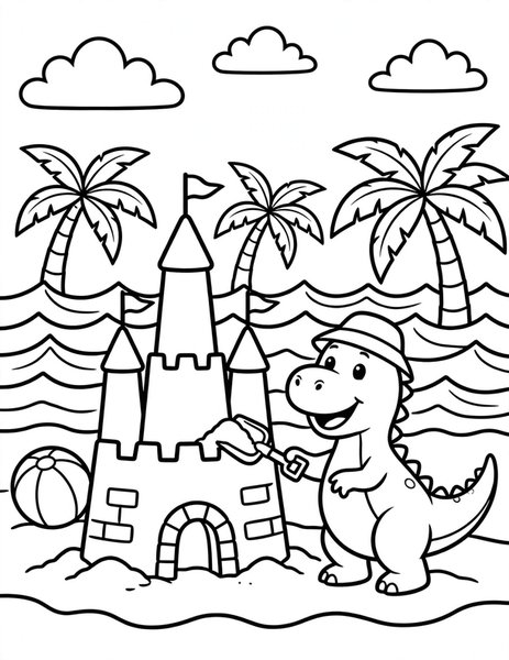 Beach Day Dino coloring page: A dinosaur builds a sandcastle at the prehistoric beach.
