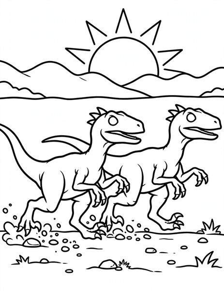 Raptor Race coloring page: Two speedy velociraptors race across the dusty plains.