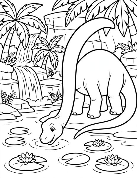 Lakeside Diplodocus coloring page: A diplodocus takes a long drink at a calm jungle lake.