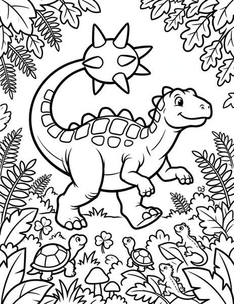 Ankylosaurus Parade coloring page: An armored ankylosaurus marches proudly with its club tail high.