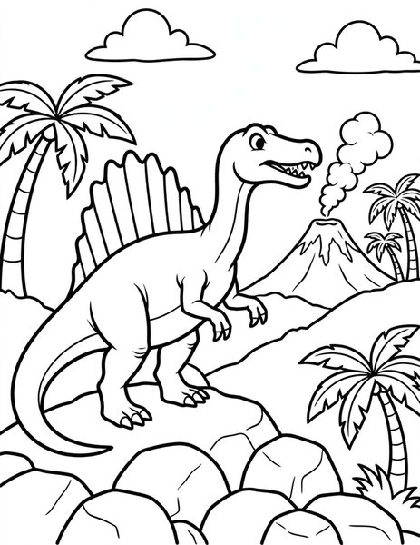 Volcano Buddy coloring page: A spinosaurus watches a volcano rumble in the distance.