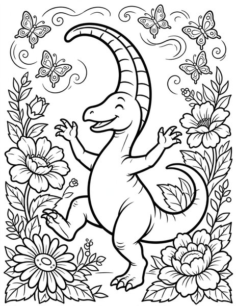 Dancing Dinosaur coloring page: A parasaurolophus dances joyfully among blooming flowers.