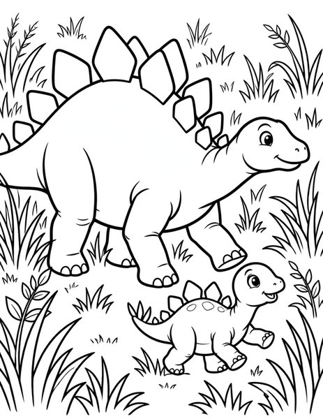 Follow Mama coloring page: A baby stegosaurus waddles behind its mama through tall grass.