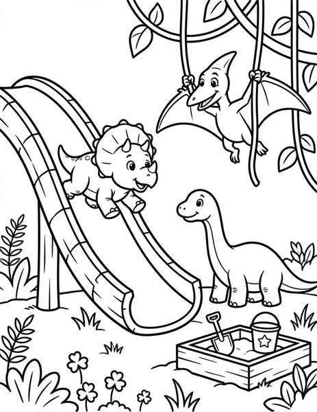 Dino Playground coloring page: Dinosaurs slide and swing together at a jungle playground.