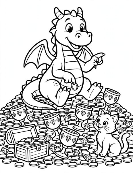 Treasure Keeper coloring page: A dragon counts its shiny pile of treasure.