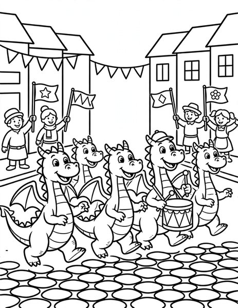 Village Dragon Parade coloring page: Dragons march in a festive village parade.