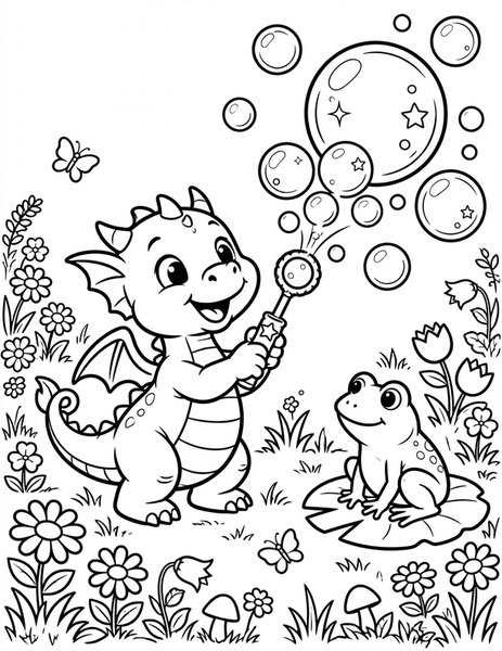 Bubble Dragon coloring page: A baby dragon blows giant bubbles in the meadow.