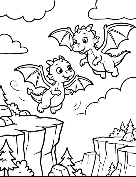 First Flight coloring page: A baby dragon takes its first wobbly flight.