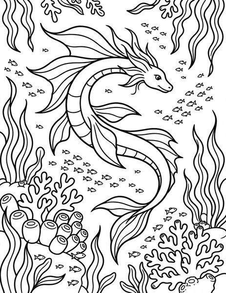 Sea Dragon Swim coloring page: A sea dragon glides through coral reefs.