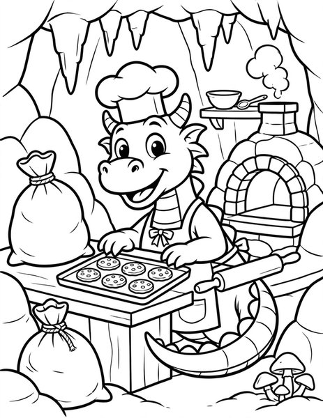 Dragon Baker coloring page: A dragon bakes cookies in a cozy cave kitchen.