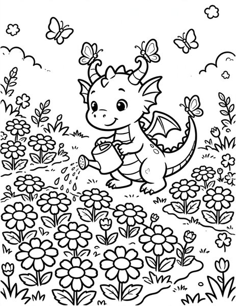 Garden Dragon coloring page: A tiny dragon waters flowers in a cottage garden.