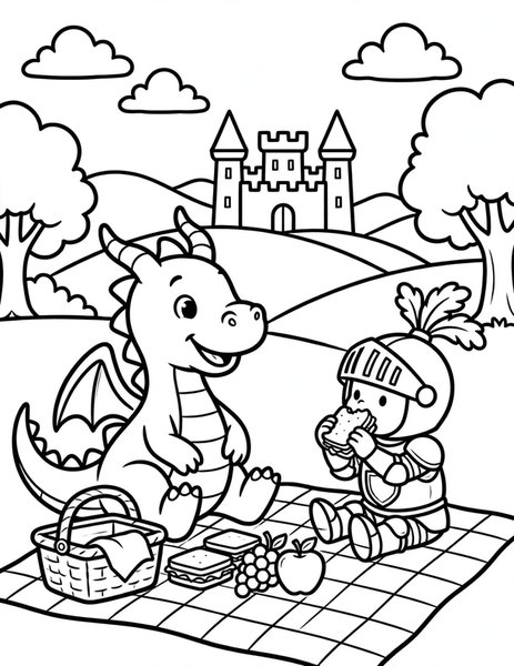Knight and Friend coloring page: A dragon and a little knight share a picnic.