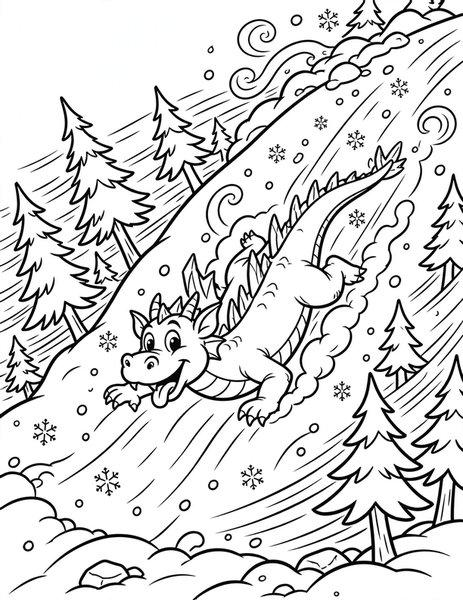 Snow Dragon coloring page: An ice dragon slides down a snowy mountain.