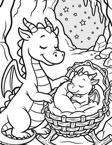 Dragon Lullaby coloring page: A mama dragon sings her baby to sleep.