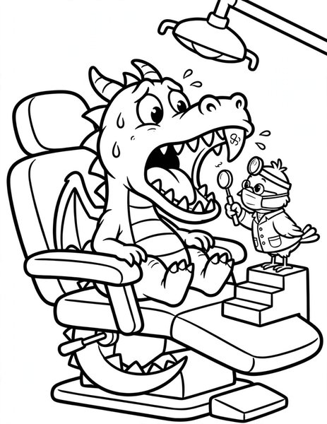 Toothache Dragon coloring page: A dragon visits the dentist for a sore fang.