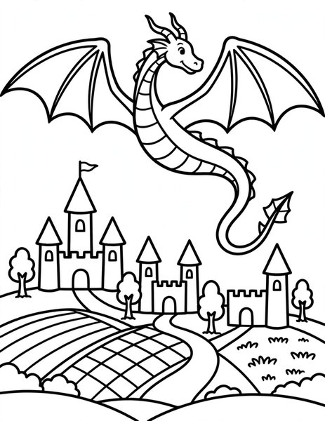 Dragon Flight coloring page: A dragon soars over the kingdom.