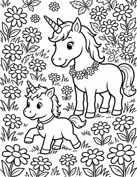 Baby Unicorn coloring page: A foal takes its first steps.