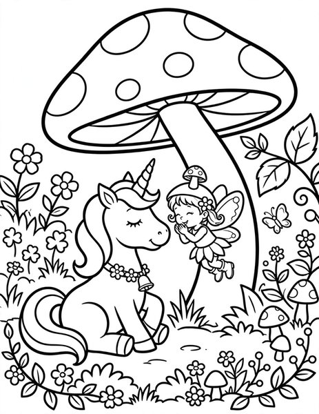 Unicorn and Fairy coloring page: Best friends share a secret.