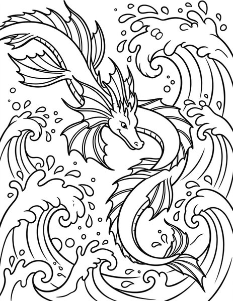 Sea Dragon coloring page: A sea dragon dives through waves.