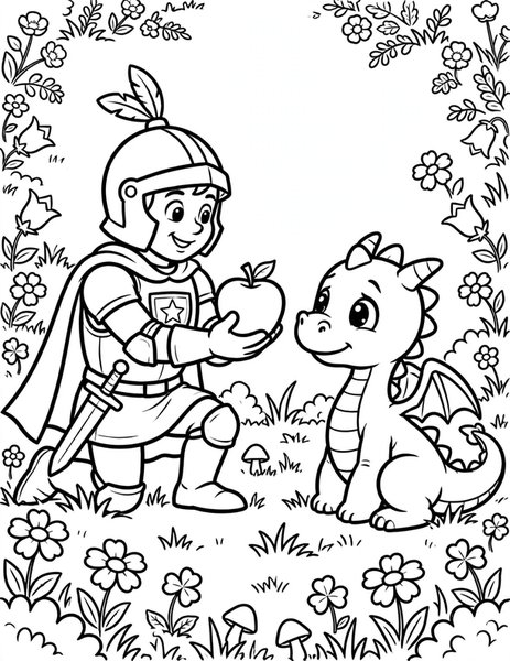 Knight and Dragon coloring page: A knight befriends a shy dragon.