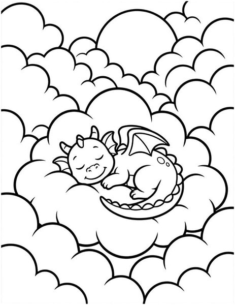 Cloud Dragon coloring page: A dragon naps on a fluffy cloud.
