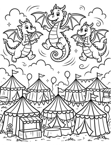 Dragon Parade coloring page: Dragons dance in the sky festival.