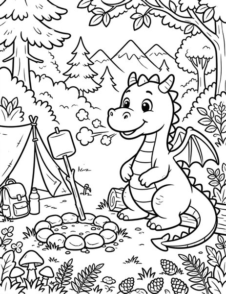 Dragon Bakery coloring page: A dragon toasts marshmallows.