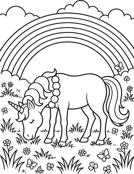 Unicorn Meadow coloring page: A unicorn grazes among rainbows.