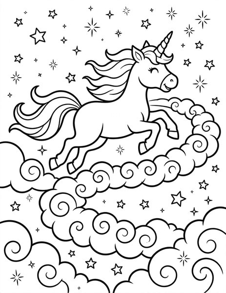 Rainbow Ride coloring page: A unicorn gallops across the sky.