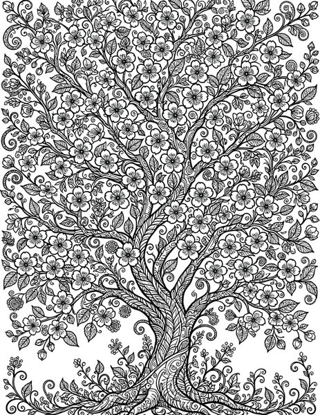 Detailed Cherry Blossom Tree coloring page: A cherry tree dense with blossoms.