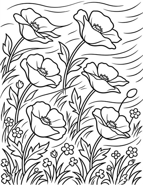 Poppy Field coloring page: Poppies dance in a breezy field.