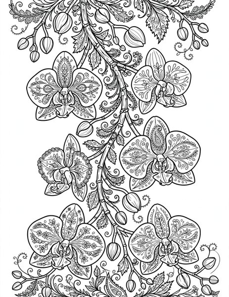 Detailed Orchid Cascade coloring page: Orchids cascade down a branch.