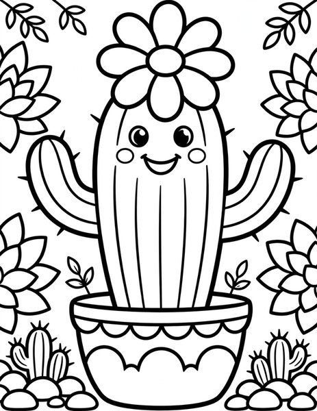 Cactus Bloom coloring page: A cactus wears a bright flower.