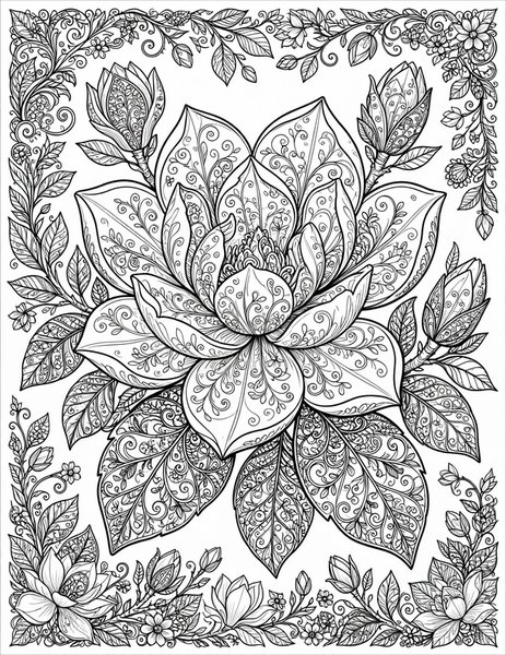 Detailed Magnolia Majesty coloring page: A grand magnolia in fine lines.