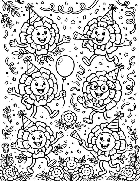 Marigold Party coloring page: Marigolds bounce like party guests.