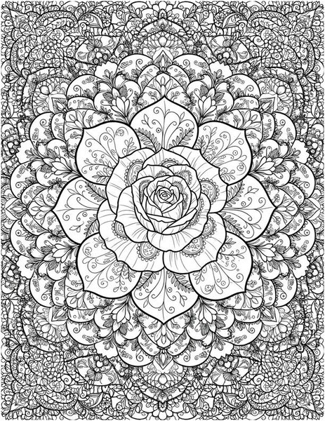 Detailed Rose Mandala coloring page: An intricate rose mandala in fine lines.