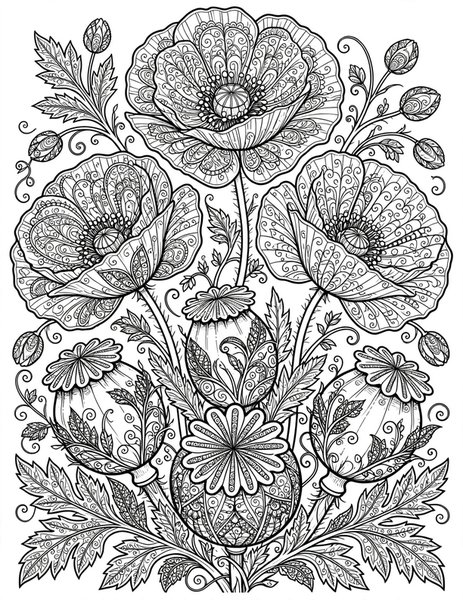 Detailed Poppy Parade coloring page: Poppies with delicate seed heads.