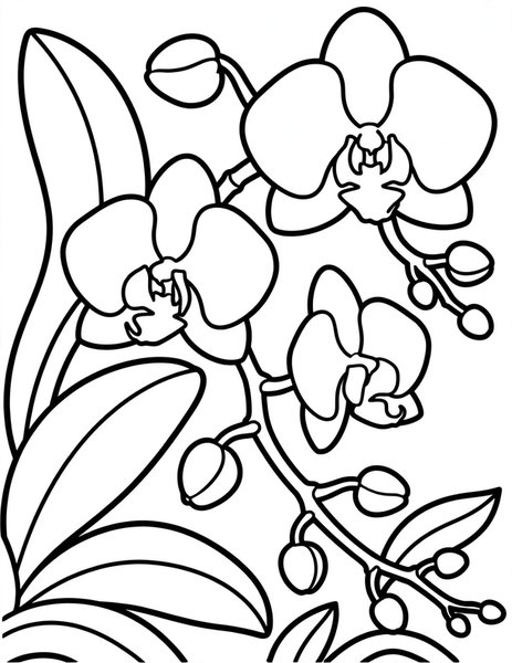 Orchid Elegance coloring page: An orchid blooms on a branch.
