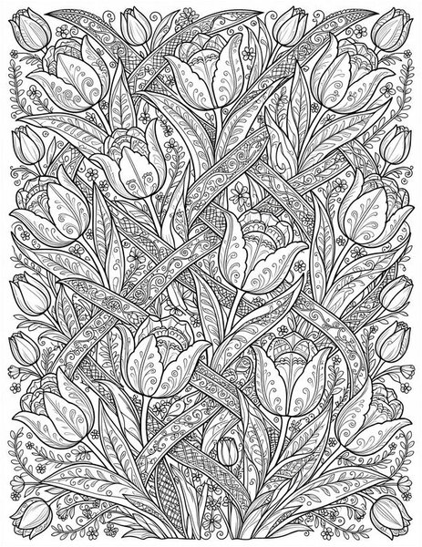 Detailed Tulip Tapestry coloring page: Tulips woven like a tapestry.