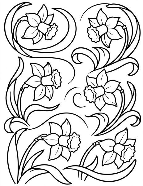 Daffodil Dance coloring page: Daffodils twirl in the spring air.
